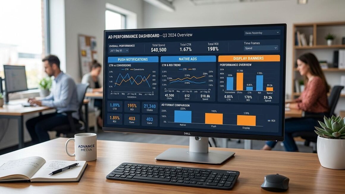 FeedBuzzard advertise dashboard showing push native and pop-under ad performance metrics with CTR and ROI analytics