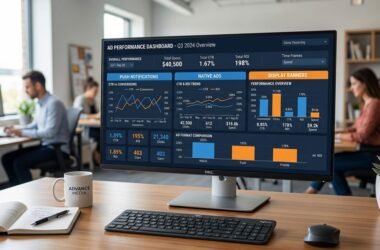 FeedBuzzard advertise dashboard showing push native and pop-under ad performance metrics with CTR and ROI analytics