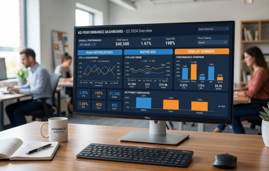 FeedBuzzard advertise dashboard showing push native and pop-under ad performance metrics with CTR and ROI analytics
