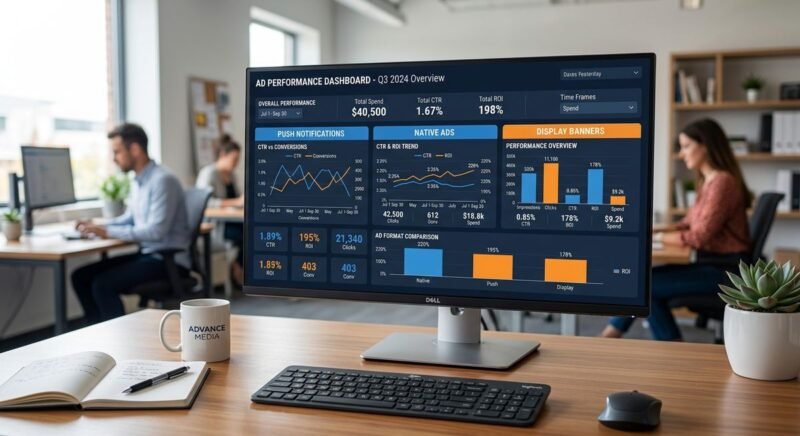 FeedBuzzard advertise dashboard showing push native and pop-under ad performance metrics with CTR and ROI analytics