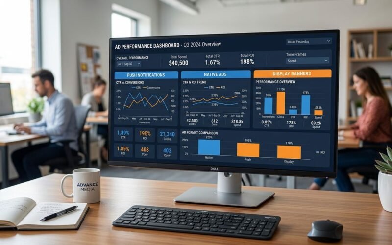 FeedBuzzard advertise dashboard showing push native and pop-under ad performance metrics with CTR and ROI analytics