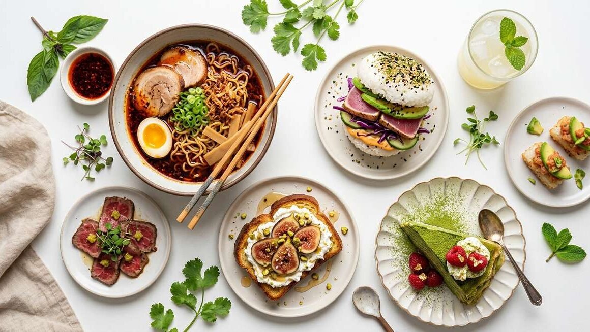 jalbiteblog trend food — vibrant flat-lay of viral 2025 food items including chili oil ramen, matcha dessert, mini plates, and fusion street food on a clean white surface