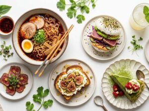 jalbiteblog trend food — vibrant flat-lay of viral 2025 food items including chili oil ramen, matcha dessert, mini plates, and fusion street food on a clean white surface