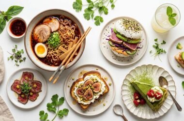 jalbiteblog trend food — vibrant flat-lay of viral 2025 food items including chili oil ramen, matcha dessert, mini plates, and fusion street food on a clean white surface