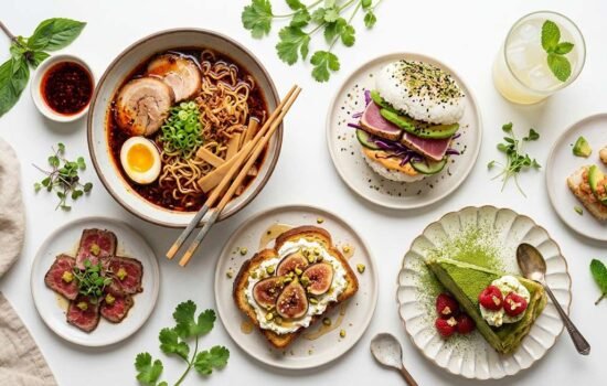 jalbiteblog trend food — vibrant flat-lay of viral 2025 food items including chili oil ramen, matcha dessert, mini plates, and fusion street food on a clean white surface