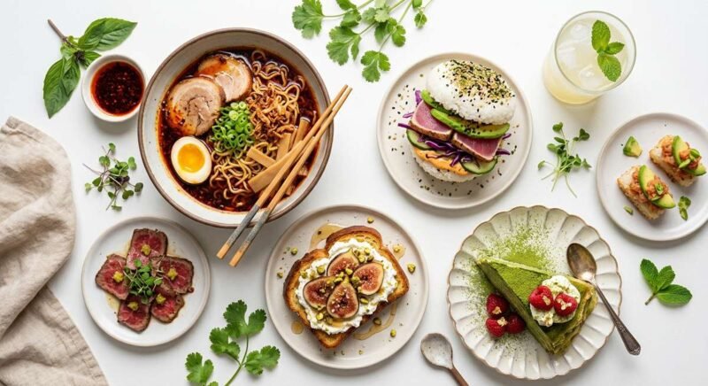 jalbiteblog trend food — vibrant flat-lay of viral 2025 food items including chili oil ramen, matcha dessert, mini plates, and fusion street food on a clean white surface