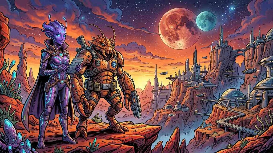 oliver girlfriend invincible — Oliver Grayson and Haluma on planet Talescria, alien sci-fi comic art style