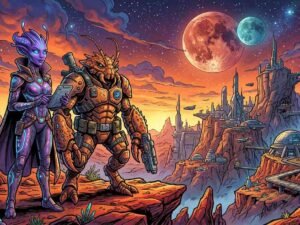 oliver girlfriend invincible — Oliver Grayson and Haluma on planet Talescria, alien sci-fi comic art style