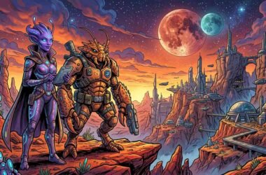 oliver girlfriend invincible — Oliver Grayson and Haluma on planet Talescria, alien sci-fi comic art style