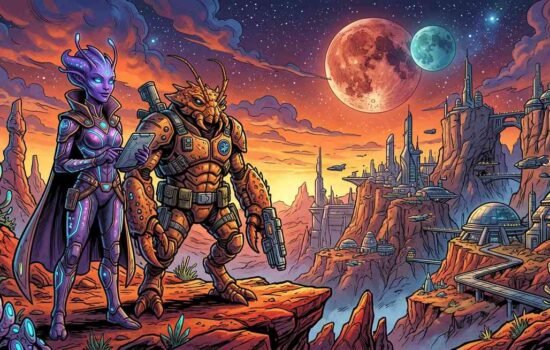 oliver girlfriend invincible — Oliver Grayson and Haluma on planet Talescria, alien sci-fi comic art style