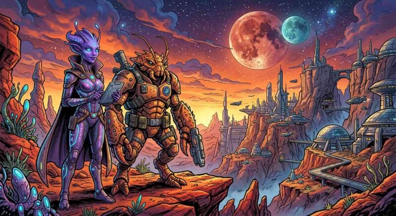 oliver girlfriend invincible — Oliver Grayson and Haluma on planet Talescria, alien sci-fi comic art style