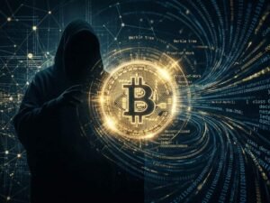 satoshi nakamoto — mysterious Bitcoin creator represented by abstract cryptographic digital symbol with blockchain nodes