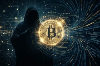 satoshi nakamoto — mysterious Bitcoin creator represented by abstract cryptographic digital symbol with blockchain nodes