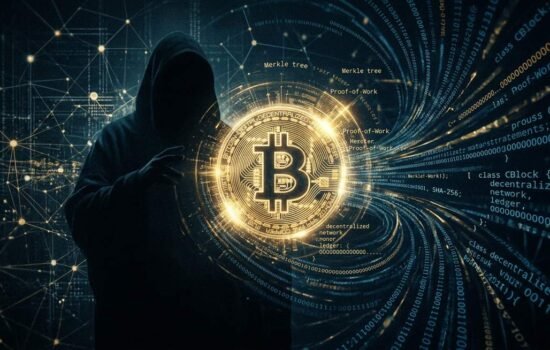satoshi nakamoto — mysterious Bitcoin creator represented by abstract cryptographic digital symbol with blockchain nodes