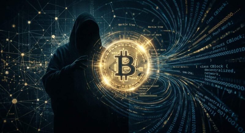 satoshi nakamoto — mysterious Bitcoin creator represented by abstract cryptographic digital symbol with blockchain nodes